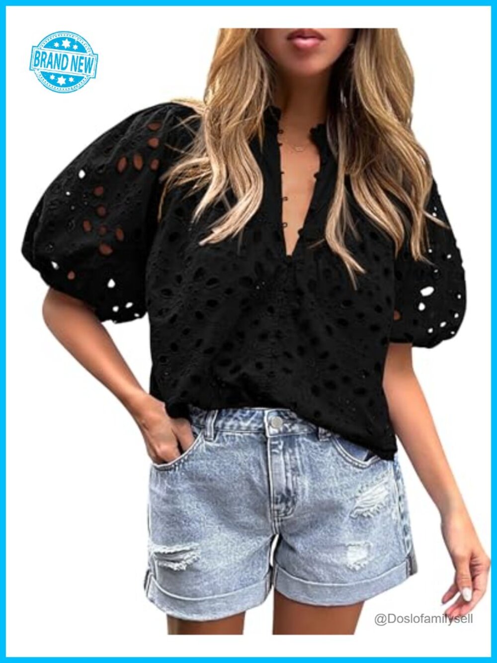 Womens Boho Eyelet Puff Sleeve Blouse Button Up V Neck Lace Summer Top